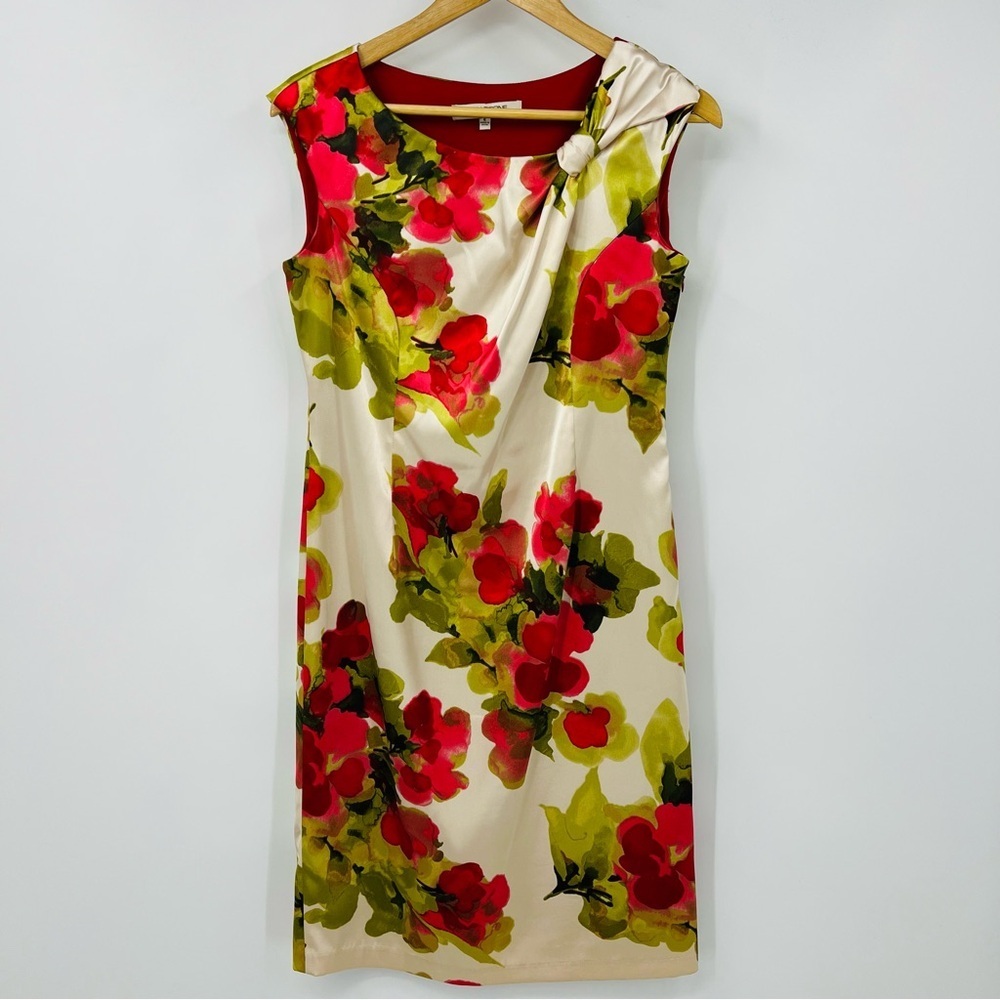 Evan-Picone Floral‎ Satin Sheath Dress Red Green Cream Sleeveless Size 6 - Picture 2 of 7